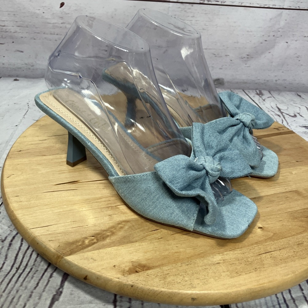 Chase & Chloe Bow Slide Heels Womens Size 6.5 Blue Denim Square Toe Mule